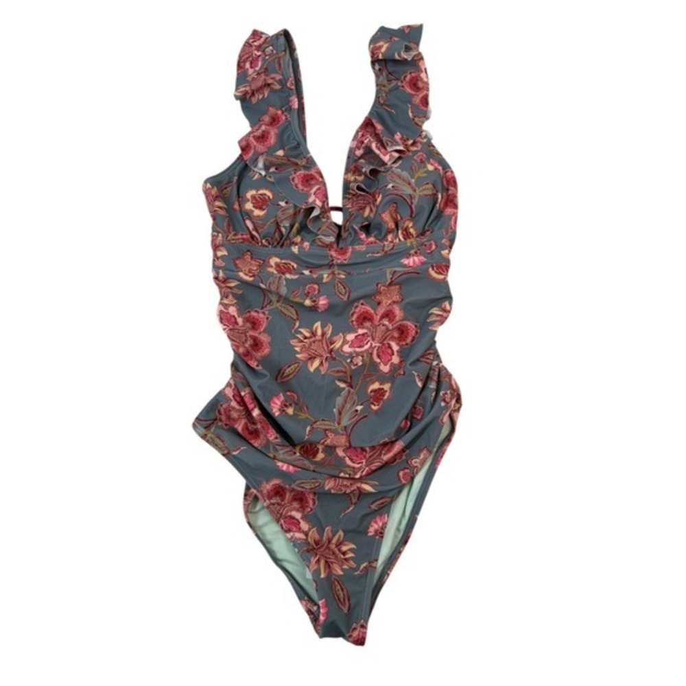Cupshe NWT Eucalyptus Floral Flutter Sleeve Lace Up One Piece Swimsuit M - Picture 2 of 11
